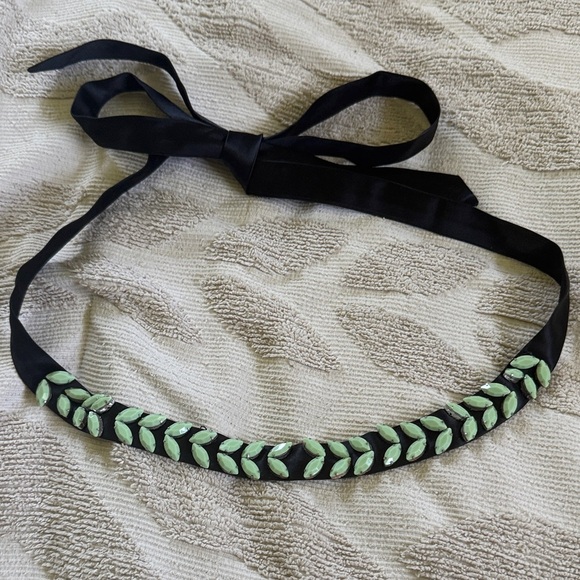 J. Crew Black Silk Tie Belt or Headband with Green Accents - Picture 3 of 5